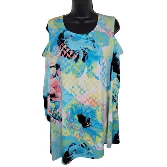 Worthington Tops - Worthington cold shoulder floral water color Top Blouse 1x